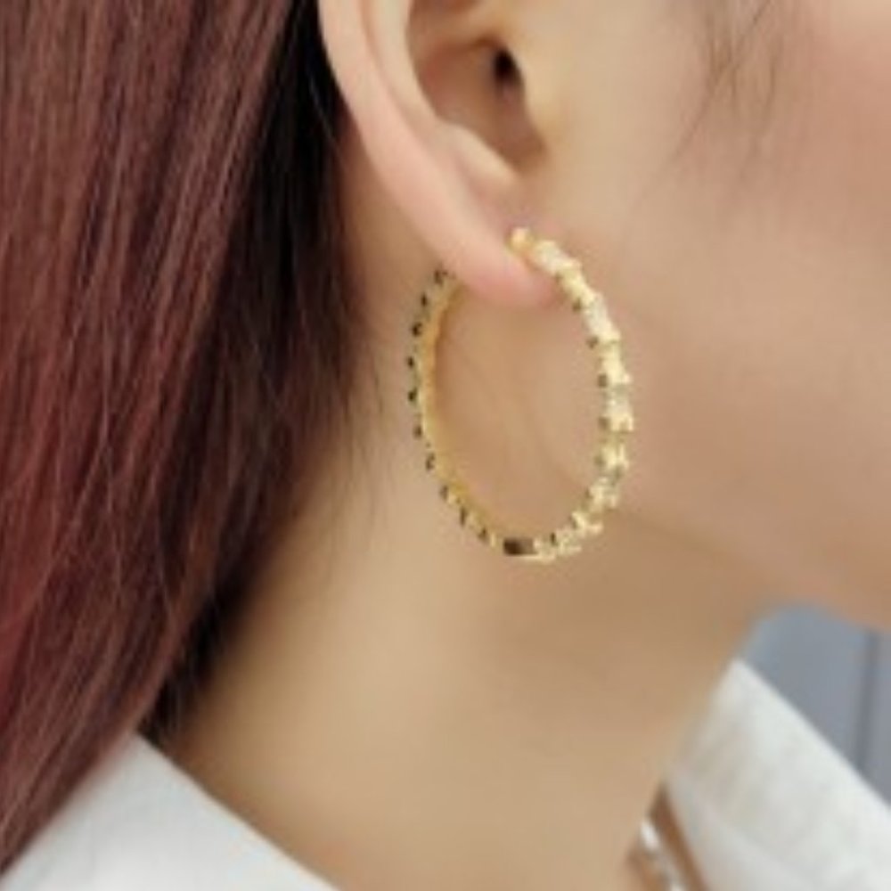 NEW Gold Pave CZ Diamond Hoop Earrings - Picture 7 of 8